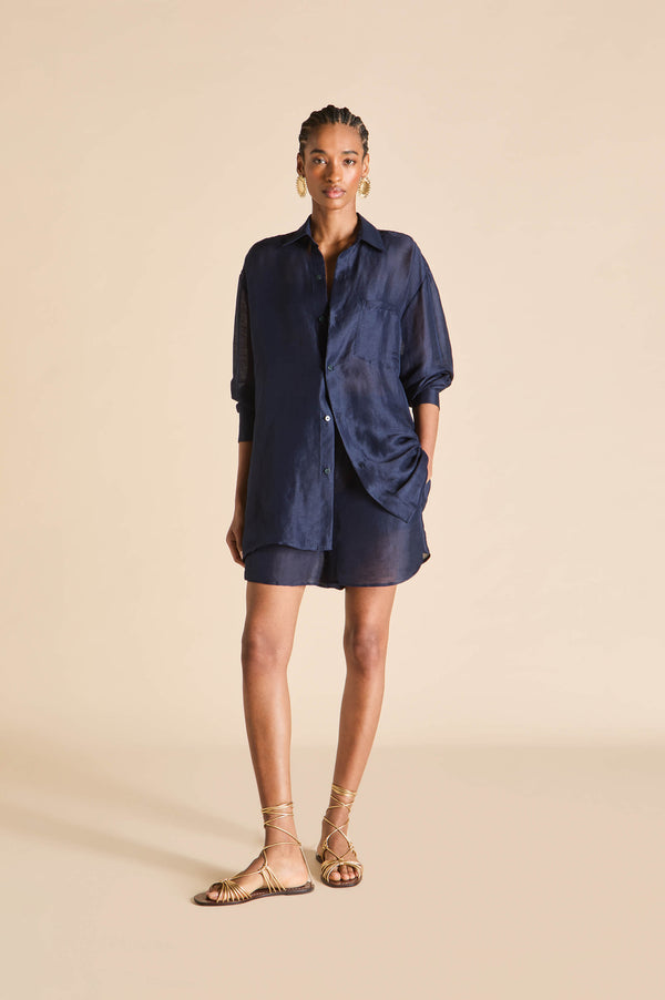 olivia von halle Kick Navy Pajamas in Linen-Silk Navy olivia von halle Kick Navy Pajamas in Linen-Silk Navy