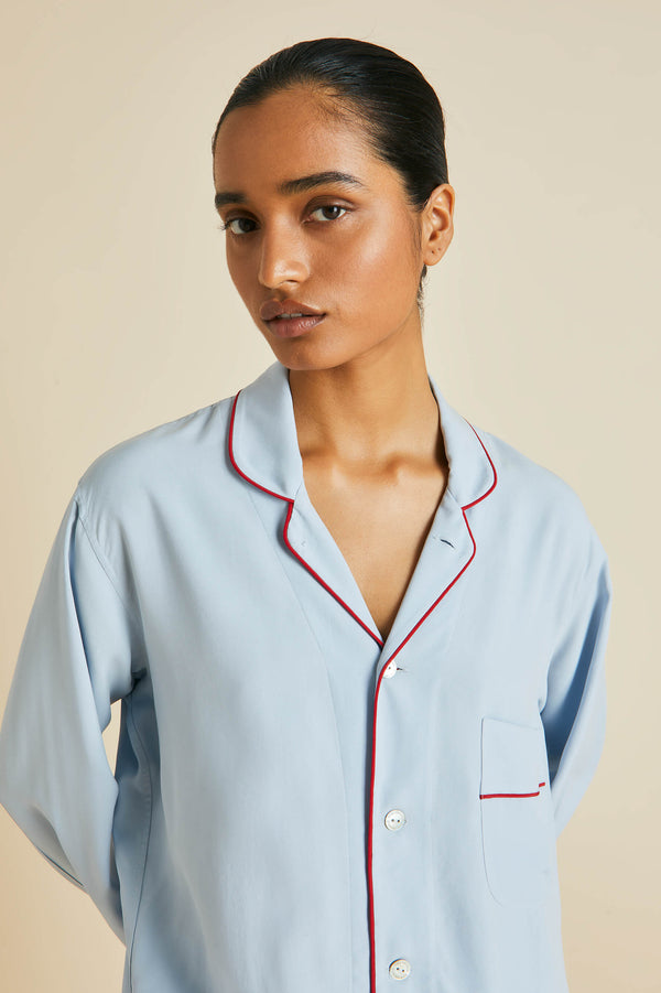 Olivia Von Halle Laurent Cerulean Blue Pajamas In Sandwashed Silk Cerulean Blue
