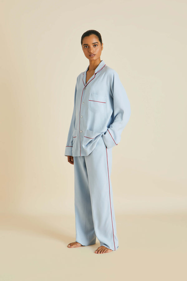 olivia von halle Laurent Cerulean Blue Pajamas in Sandwashed Silk Cerulean Blue