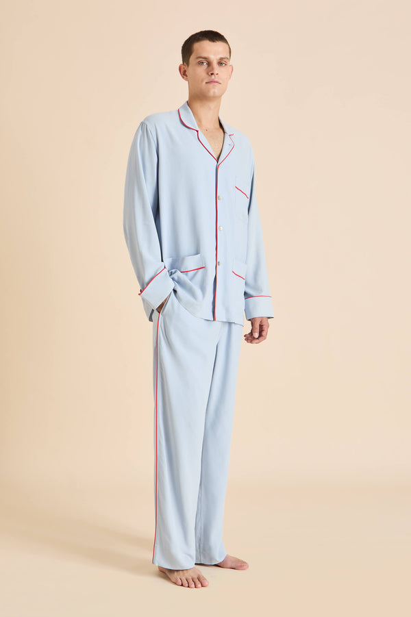 Olivia Von Halle Laurent Cerulean Blue Pyjamas In Sandwashed Silk Cerulean Blue