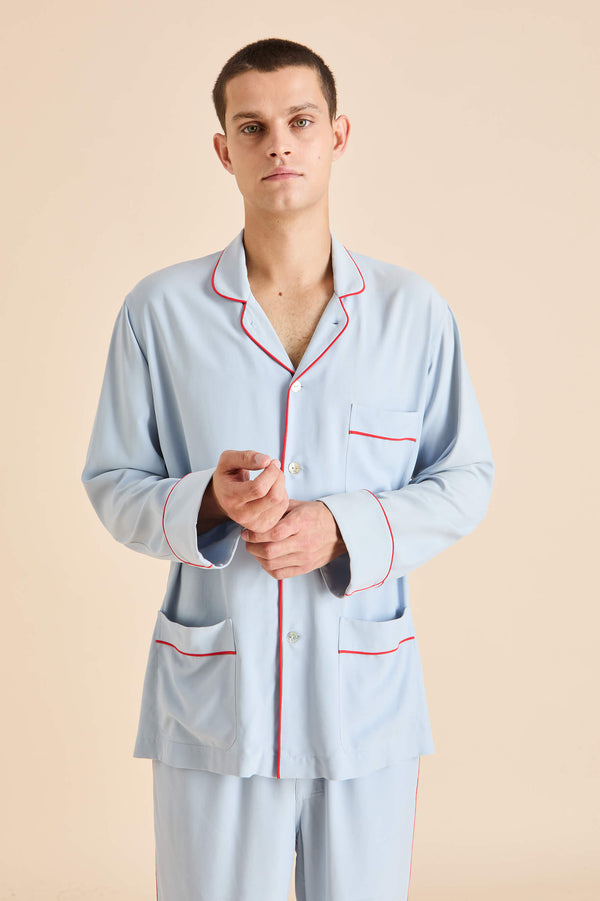 Olivia Von Halle Laurent Cerulean Blue Pyjamas In Sandwashed Silk Cerulean Blue