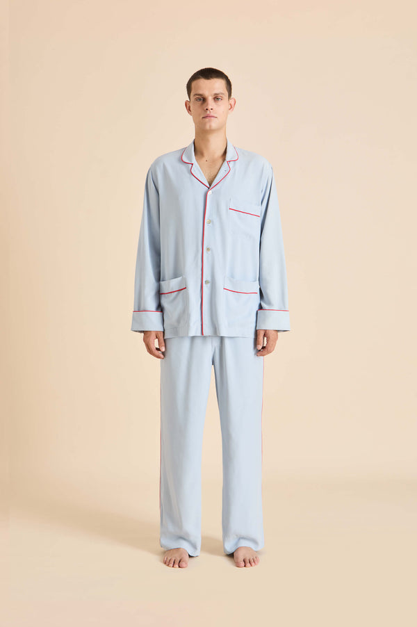 olivia von halle Laurent Cerulean Blue Pyjamas in Sandwashed Silk Cerulean Blue