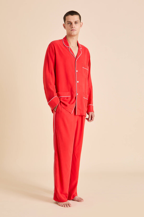 Olivia Von Halle Laurent Crimson Red Pajamas In Sandwashed Silk Red