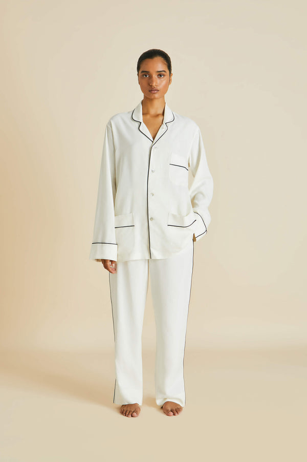 olivia von halle Laurent Ivory Pajamas in Sandwashed Silk Ivory