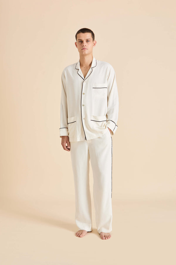olivia von halle Laurent Ivory Pyjamas in Sandwashed Silk Ivory