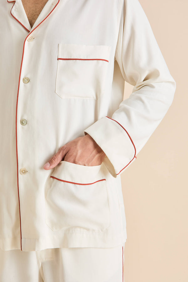 Olivia Von Halle Laurent Ivory Rust Pajamas In Sandwashed Silk Ivory