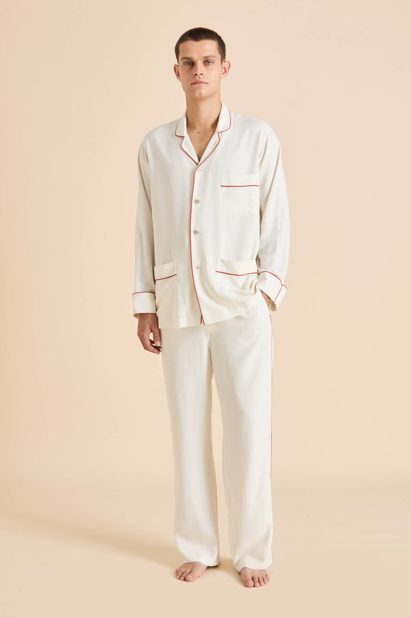 Olivia Von Halle Laurent Ivory Rust Pajamas In Sandwashed Silk Ivory