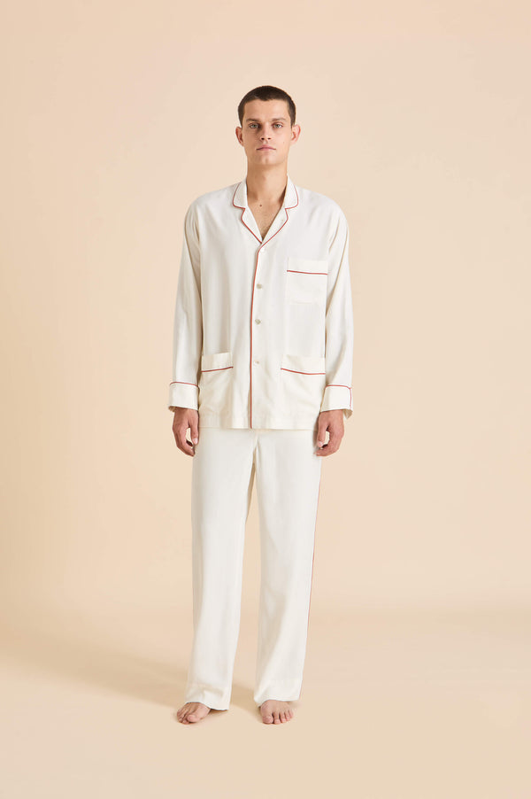 olivia von halle Laurent Ivory Rust Pajamas in Sandwashed Silk Ivory