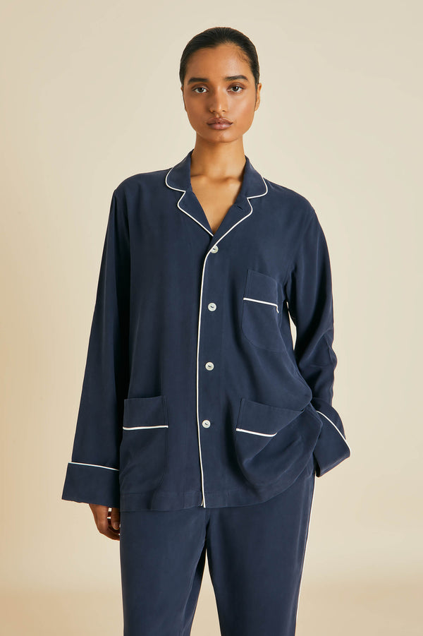 Olivia Von Halle Laurent Navy Pajamas In Sandwashed Silk Navy