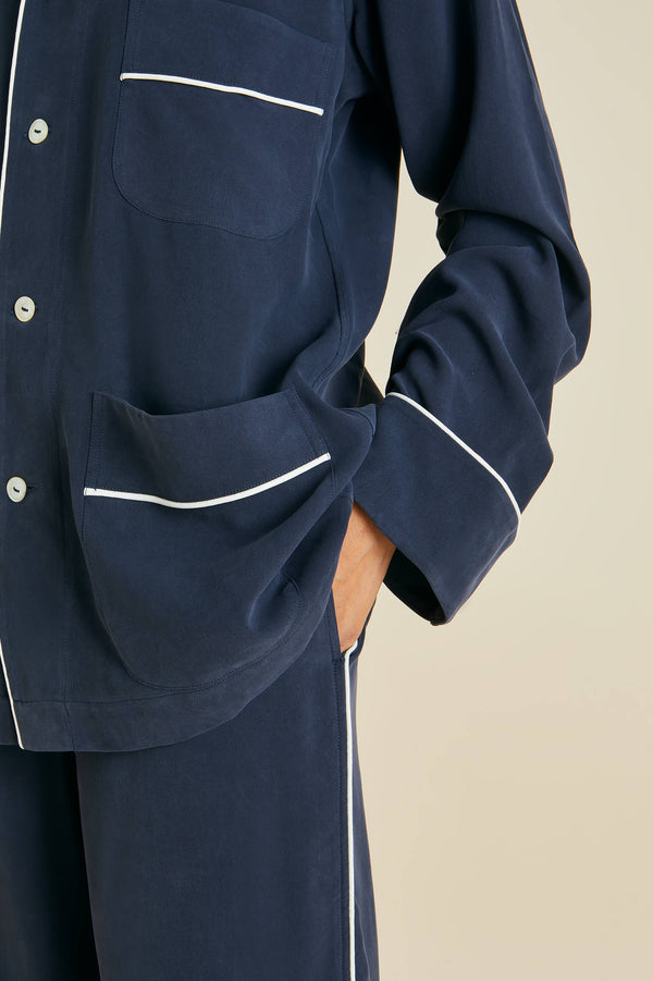 Olivia Von Halle Laurent Navy Pajamas In Sandwashed Silk Navy