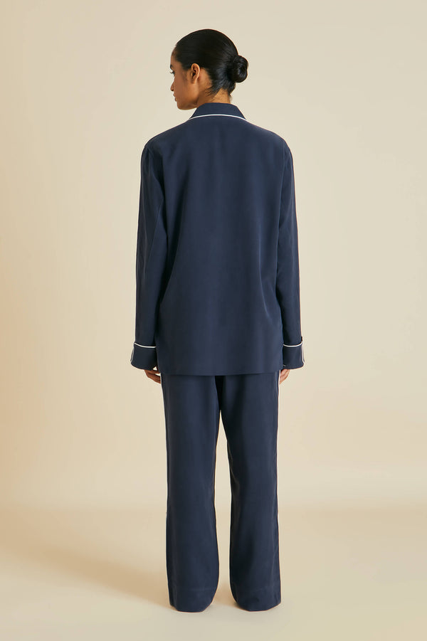 Olivia Von Halle Laurent Navy Pajamas In Sandwashed Silk Navy