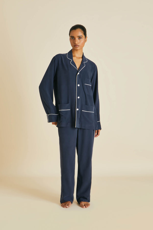 olivia von halle Laurent Navy Pajamas in Sandwashed Silk Navy