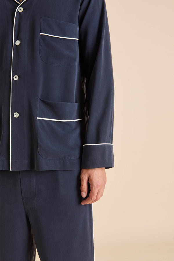 Olivia Von Halle Laurent Navy Pyjamas In Sandwashed Silk Navy