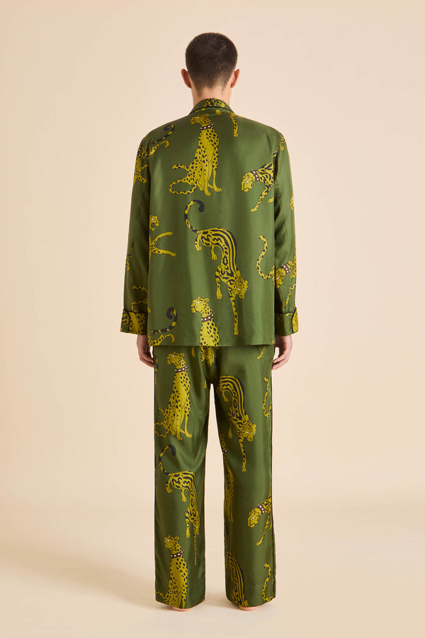 Olivia Von Halle Laurent Nyra Green Leopard Pajamas In Silk Twill Green