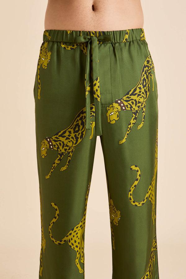 Olivia Von Halle Laurent Nyra Green Leopard Pajamas In Silk Twill Green