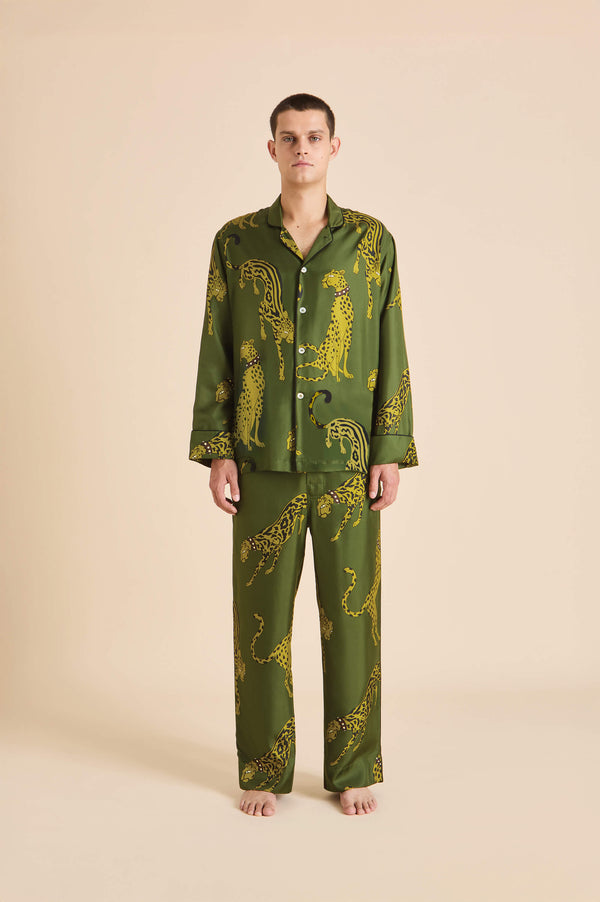 olivia von halle Laurent Nyra Green Leopard Pajamas in Silk Twill Green olivia von halle Laurent Nyra Green Leopard Pajamas in Silk Twill Green