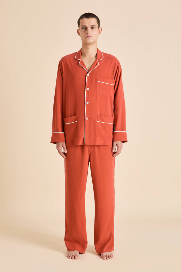 Olivia Von Halle Laurent Rust Pajamas In Sandwashed Silk Rust