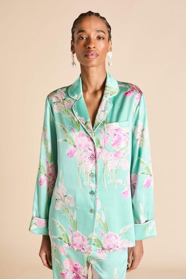 Olivia Von Halle Lila Abalone Turquoise Floral Pajamas In Silk Satin Blue