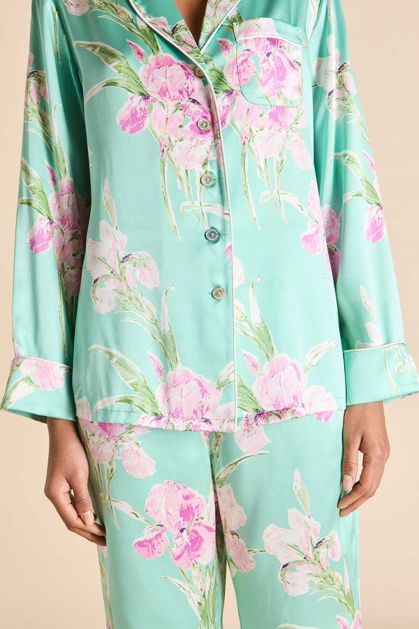 Olivia Von Halle Lila Abalone Turquoise Floral Pajamas In Silk Satin Blue