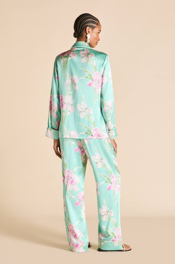 Olivia Von Halle Lila Abalone Turquoise Floral Pajamas In Silk Satin Blue