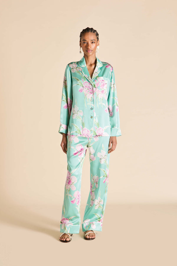 olivia von halle Lila Abalone Turquoise Floral Pajamas in Silk Satin Blue olivia von halle Lila Abalone Turquoise Floral Pajamas in Silk Satin Blue