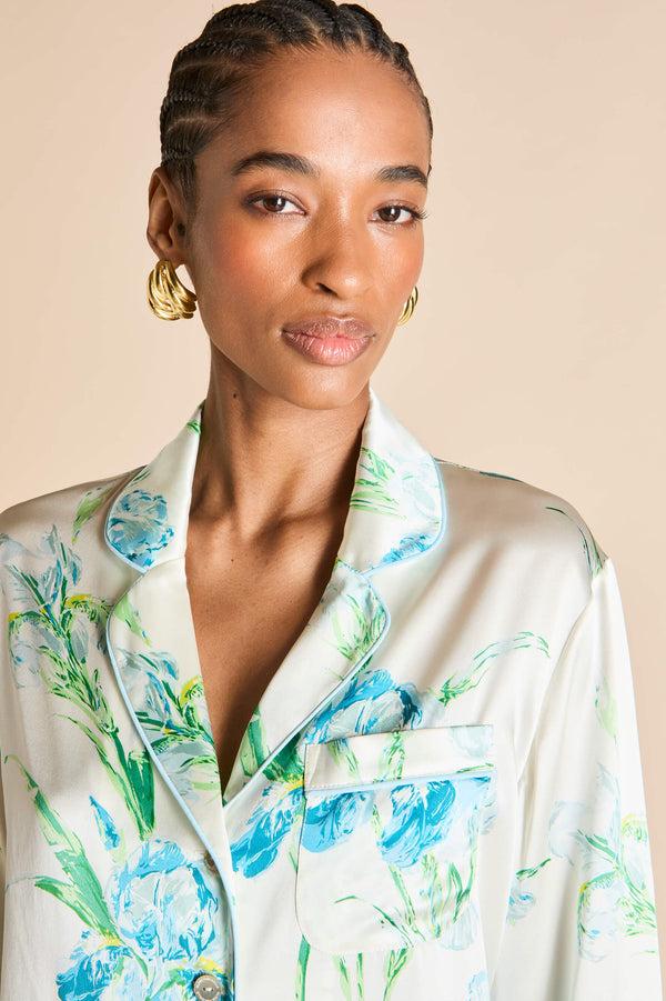 Olivia Von Halle Lila Asterias Ivory Floral Pajamas In Silk Satin Ivory