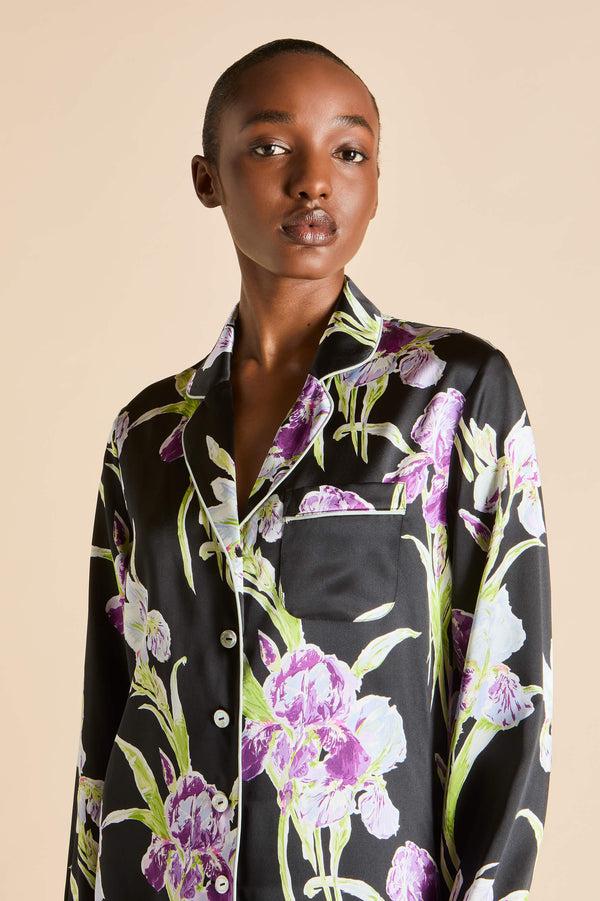 Olivia Von Halle Lila Athena Black Floral Pajamas In Silk Satin Black