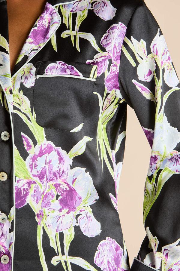 Olivia Von Halle Lila Athena Black Floral Pajamas In Silk Satin Black
