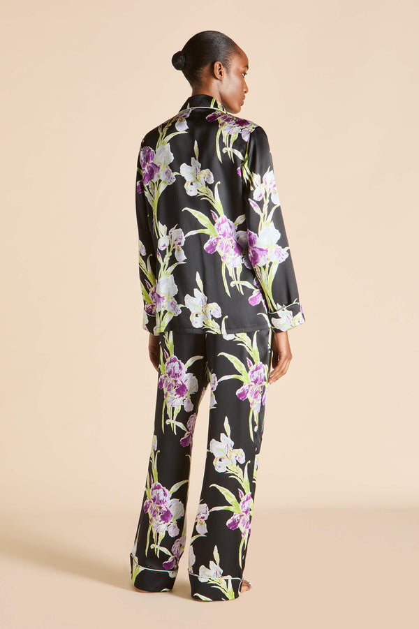 Olivia Von Halle Lila Athena Black Floral Pajamas In Silk Satin Black