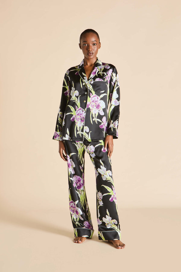 olivia von halle Lila Athena Black Floral Pajamas in Silk Satin Black