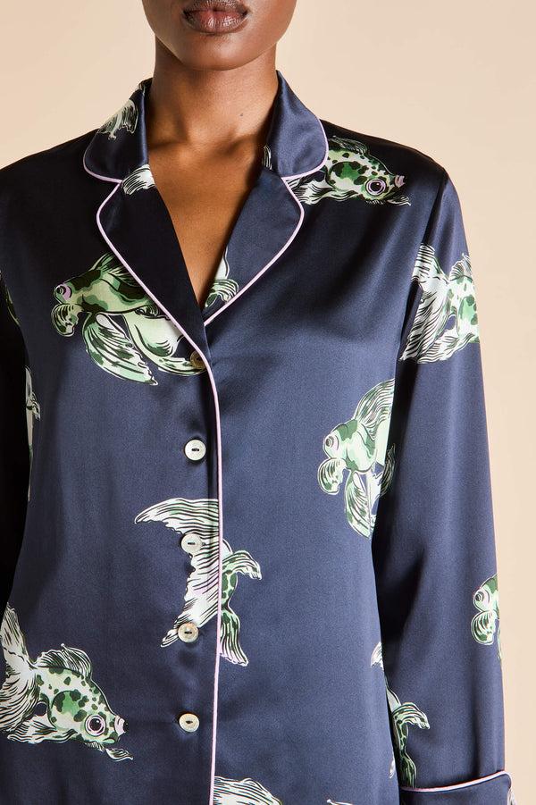 Olivia Von Halle Lila Caspian Navy Goldfish Pajamas In Silk Satin Navy