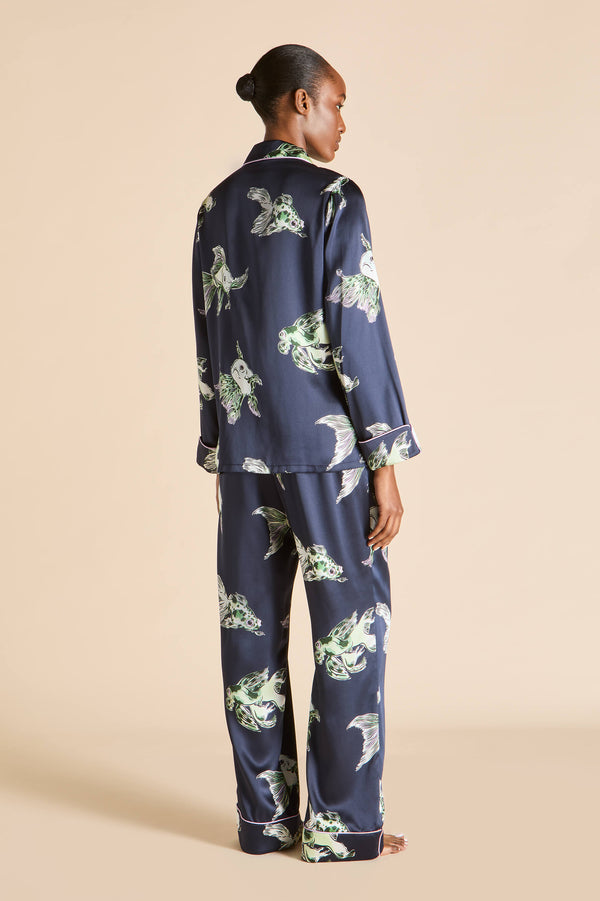 Olivia Von Halle Lila Caspian Navy Goldfish Pajamas In Silk Satin Navy