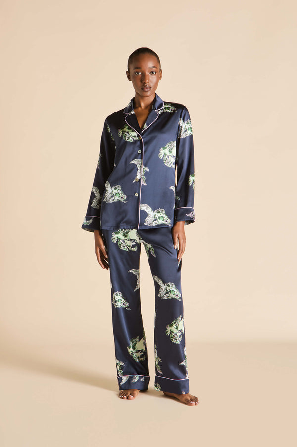 olivia von halle Lila Caspian Navy Goldfish Pajamas in Silk Satin Navy
