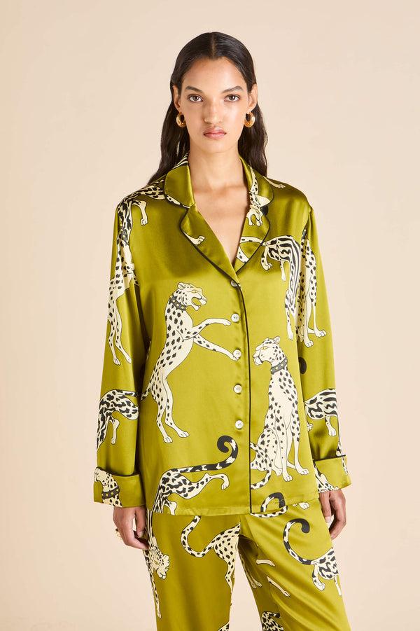 Olivia Von Halle Lila Chanson Green Leopard Pajamas In Silk Satin Green