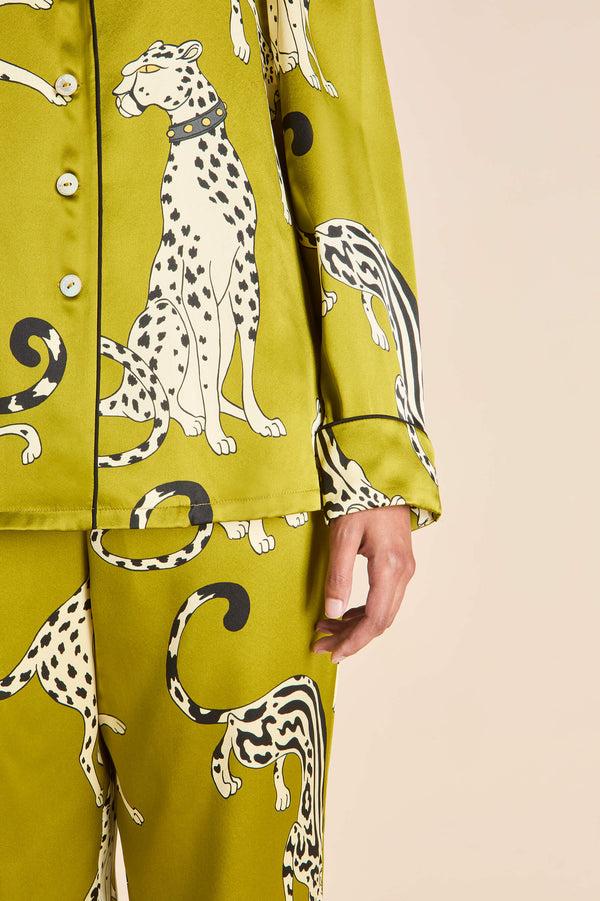 Olivia Von Halle Lila Chanson Green Leopard Pajamas In Silk Satin Green