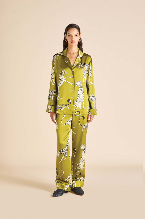 olivia von halle Lila Chanson Green Leopard Pajamas in Silk Satin Green