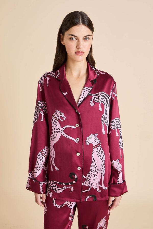 Olivia Von Halle Lila Cherie Red Leopard Pajamas In Silk Satin Red