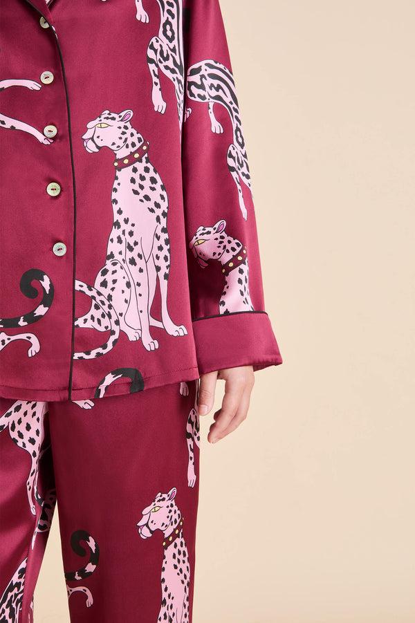 Olivia Von Halle Lila Cherie Red Leopard Pajamas In Silk Satin Red