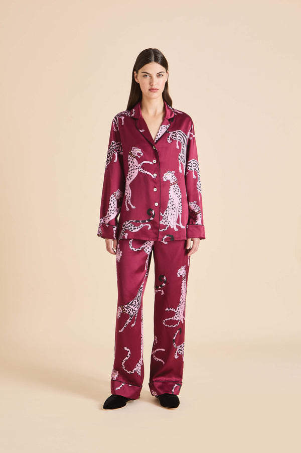 olivia von halle Lila Cherie Red Leopard Pajamas in Silk Satin Red
