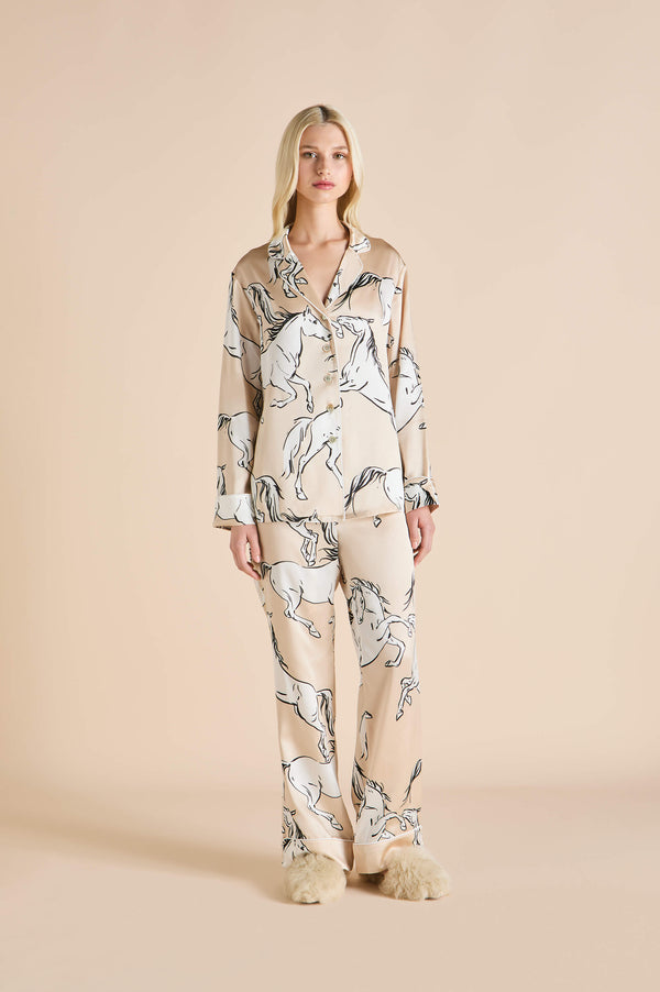 olivia von halle Lila Clementine Caramel Horse Pajamas in Silk Satin Caramel