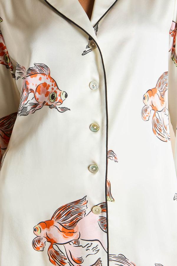 Olivia Von Halle Lila Cora Ivory Goldfish Pajamas In Silk Satin Ivory