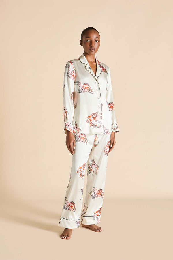olivia von halle Lila Cora Ivory Goldfish Pajamas in Silk Satin Ivory olivia von halle Lila Cora Ivory Goldfish Pajamas in Silk Satin Ivory