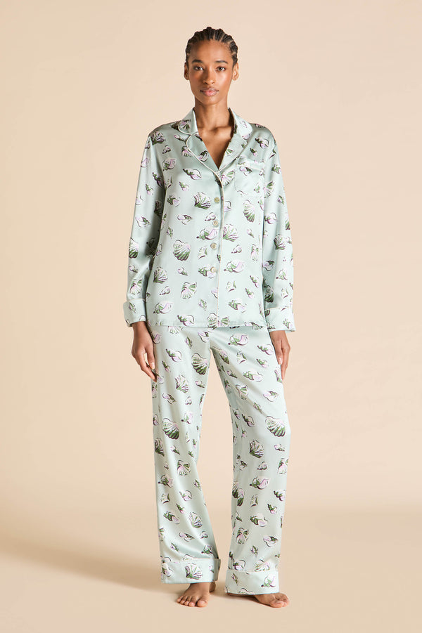 Olivia Von Halle Lila Cowrie Blue Seashell Pajamas In Silk Satin Blue