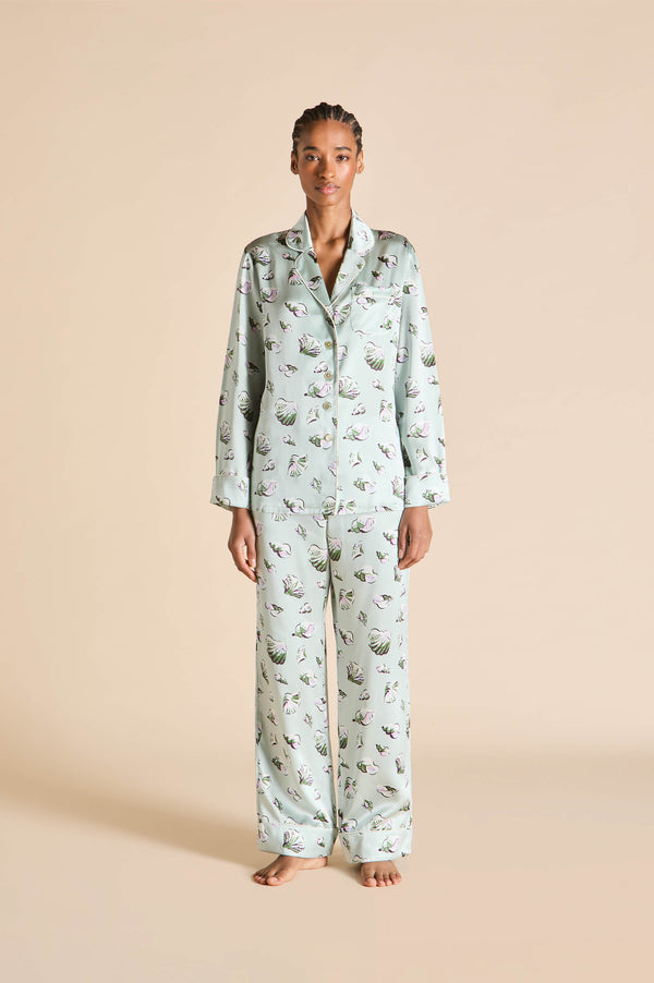 olivia von halle Lila Cowrie Blue Seashell Pajamas in Silk Satin Blue