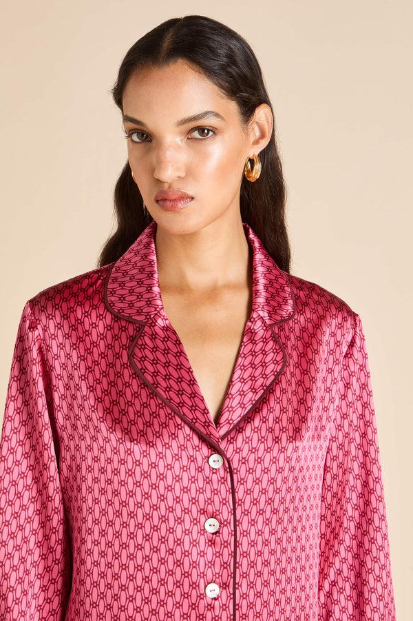 Olivia Von Halle Lila Dita Pink Geometric Pajamas In Silk Satin Pink