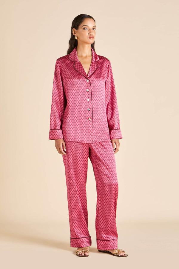 Olivia Von Halle Lila Dita Pink Geometric Pajamas In Silk Satin Pink