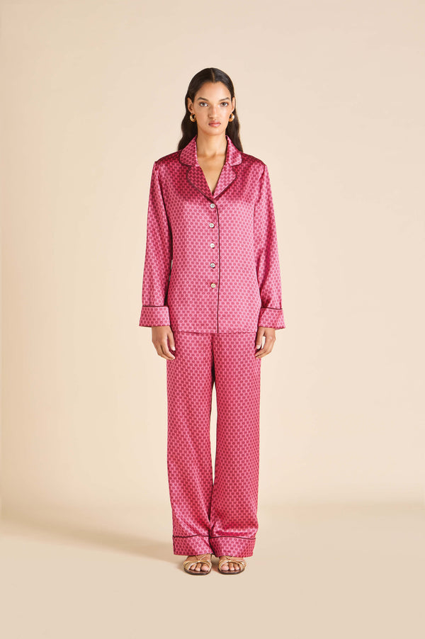 olivia von halle Lila Dita Pink Geometric Pajamas in Silk Satin Pink