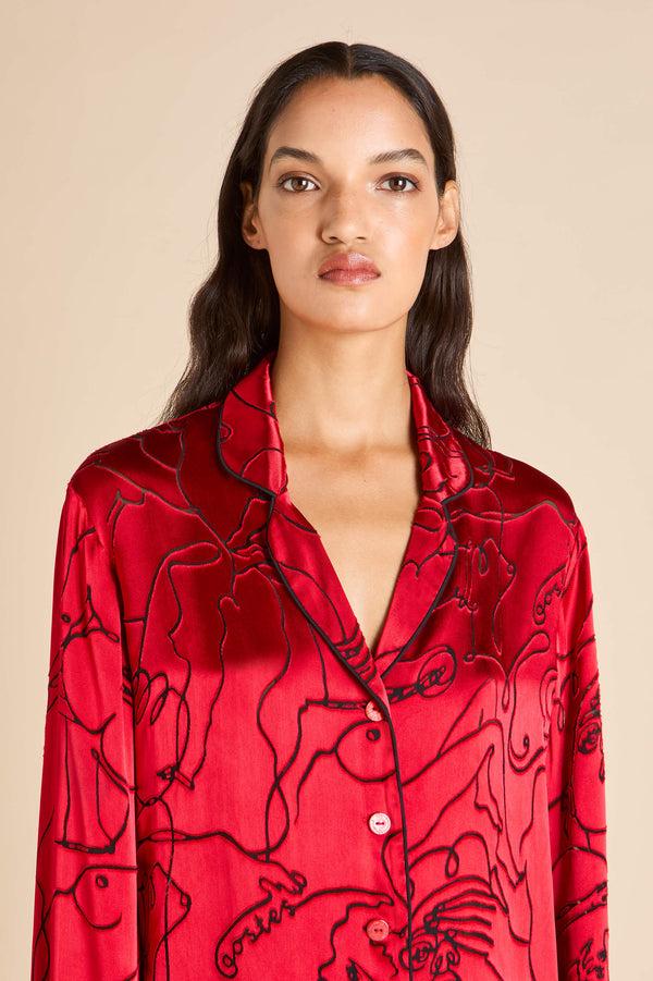Olivia Von Halle Lila Liaisons Red Figures Pajamas In Silk Devoré Red