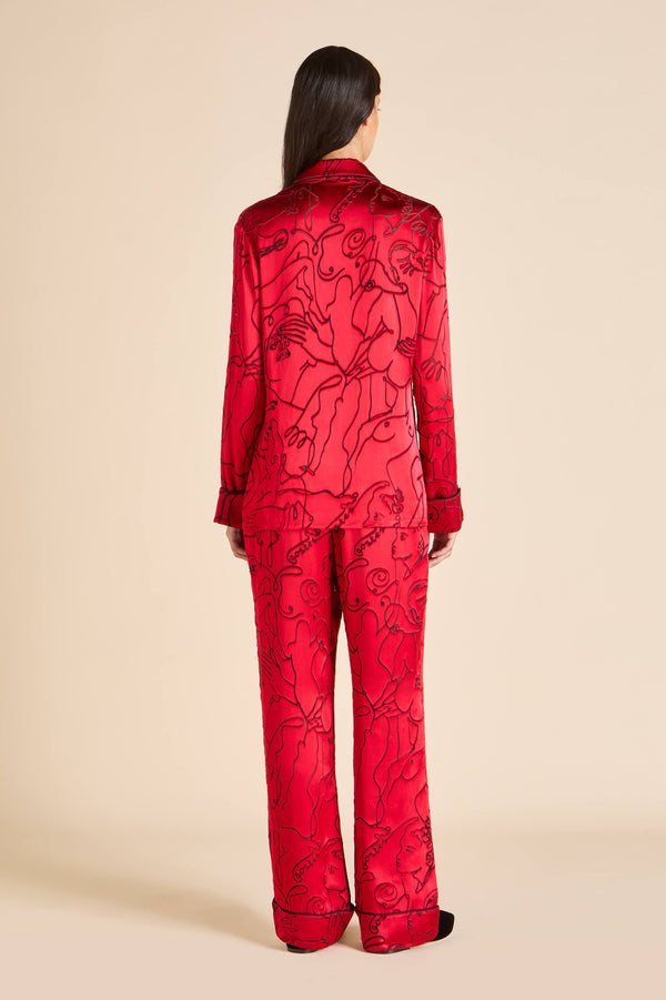 Olivia Von Halle Lila Liaisons Red Figures Pajamas In Silk Devoré Red