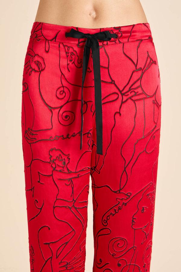 Olivia Von Halle Lila Liaisons Red Figures Pajamas In Silk Devoré Red